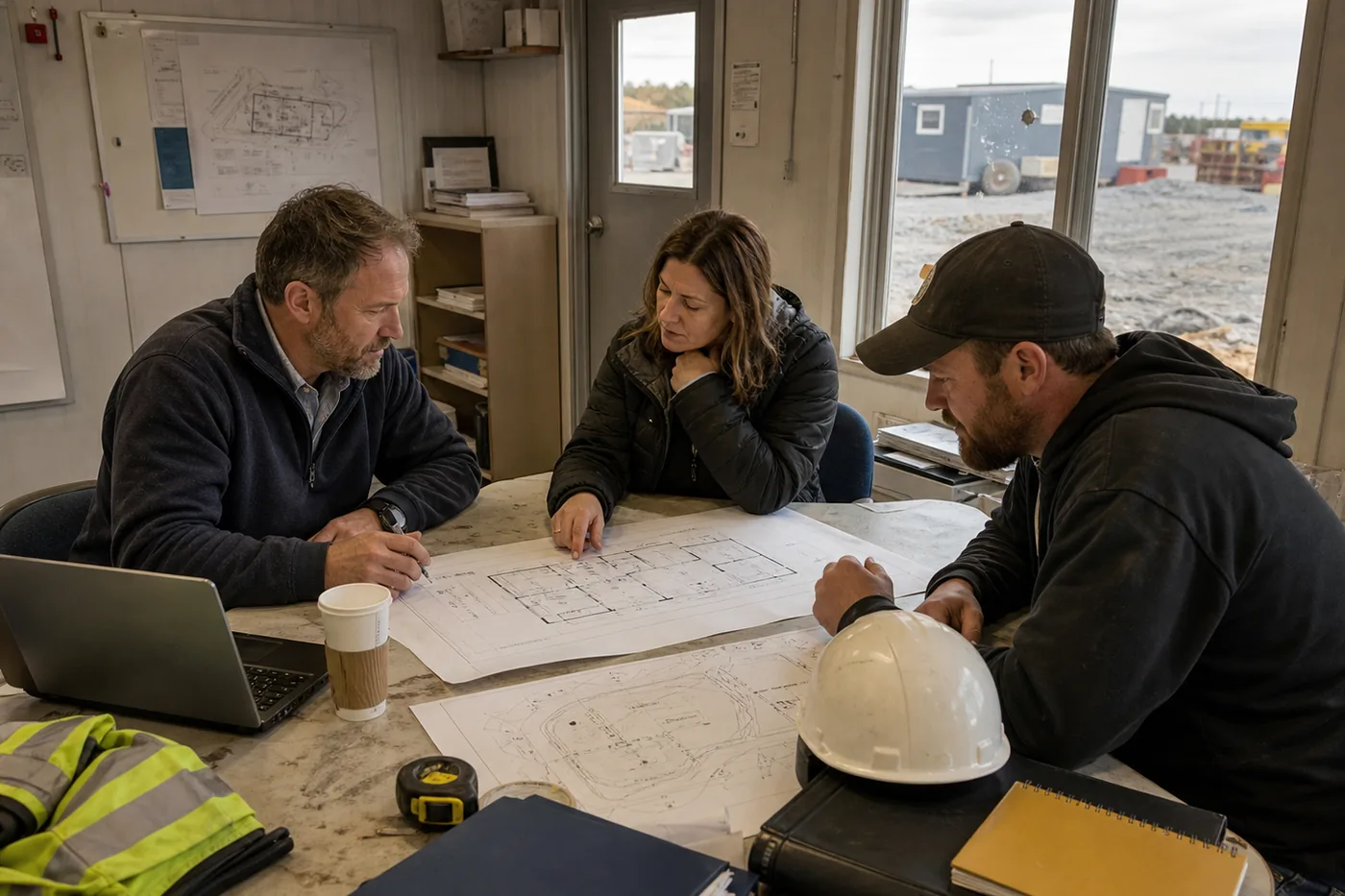 Team planning a mobile office layout and delivery
